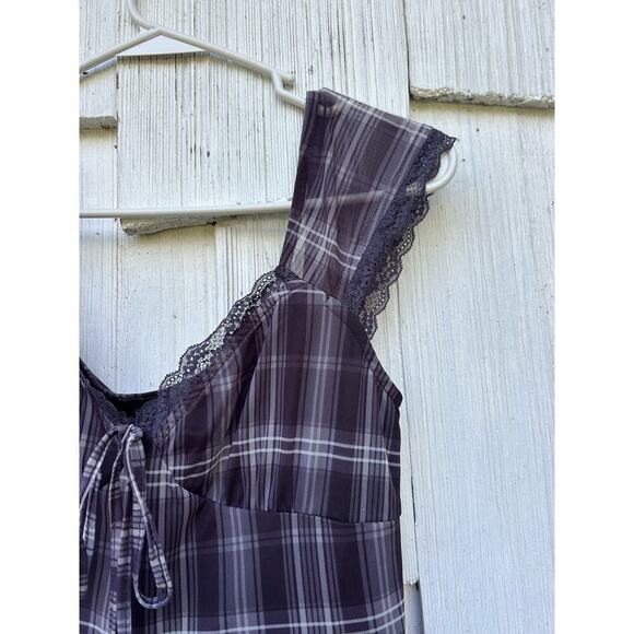 Cider Check V-Neck Knotted Lettuce Trim Mini Dress Black‎ Short Sleeves Size XS - Picture 2 of 11